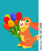 Cute bunny with red fur holding bouquet of colorful tulips cartoon vector. Romantic gift concept with scented flowers posy and fluffy animal for easter, valentines, mother day greeting cards design. Cute bunny holding bouquet of tulip cartoon vector. Стоковая иллюстрация, агентство Ingram Publishing / Фотобанк Лори