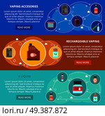 Vaping set of flat horizontal banners with rechargeable devices, smoking accessories and e-liquid isolated vector illustration . Vaping Flat Horizontal Banners. Стоковая иллюстрация, агентство Ingram Publishing / Фотобанк Лори