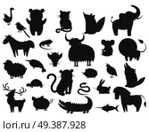 Set of cartoon animal pets icons isolated. Vector illustration silhouettes of guana and turtle, horse and owl, curly sheep, prickly hedgehog, magpie, large xiphias, whitey goose, crocodile with rabbit. Set of Cartoon Animal Pet and Wild Beasts Vector. Стоковая иллюстрация, агентство Ingram Publishing / Фотобанк Лори