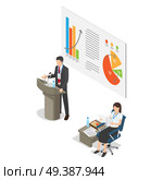 Lecture on business coaching on white background. Vector illustration of manager in business suit standing behind podium, woman sitting and looking at papers. Placard with chart hanging on wall.. Lecture on Business Coaching in Cartoon Style. Стоковая иллюстрация, агентство Ingram Publishing / Фотобанк Лори