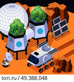 Space colonization terraforming isometric composition with rover vehicle solar arrays and other equipment on martian landform vector illustration. Terraforming Mars Isometric Composition. Стоковая иллюстрация, агентство Ingram Publishing / Фотобанк Лори