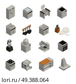Isometric set of 3d icons with professional cooking equipment for restaurant or cafe kitchen isolated on white background vector illustration. Kitchen Equipment Isometric Icons Set. Стоковая иллюстрация, агентство Ingram Publishing / Фотобанк Лори