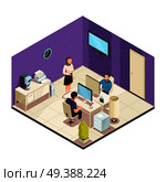 Office staff workplace isomeric composition with woman colleague talking to coworkers men  working at computer vector illustration . Office Isometric Composition. Стоковая иллюстрация, агентство Ingram Publishing / Фотобанк Лори