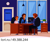 Children parents parenthood cartoon composition with headmaster office interior and human character of mother and child vector illustration. School Principal Audience Composition. Стоковая иллюстрация, агентство Ingram Publishing / Фотобанк Лори