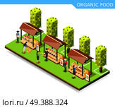 Farm market with organic food isometric composition with vegetables, preserves, meat and fish on counters vector illustration. Farm Market Organic Food Composition. Стоковая иллюстрация, агентство Ingram Publishing / Фотобанк Лори