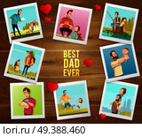 Dad day composition on wooden background with hearts text and polaroid photographs of father and son vector illustration. Best Father Ever Composition. Стоковая иллюстрация, агентство Ingram Publishing / Фотобанк Лори