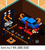 Industrial machines isometric composition with indoor view of tyre casing car workshop with machinery and workers vector illustration. Automobile Tyre Service Composition. Стоковая иллюстрация, агентство Ingram Publishing / Фотобанк Лори