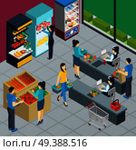 Supermarket interior isometric poster with people shopping in grocery store working merchandiser and cashiers vector illustration . Grocery Store Isometric Poster. Стоковая иллюстрация, агентство Ingram Publishing / Фотобанк Лори