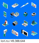 Medical gadgets including blood pressure monitor, glucometer, thermometer, pocket cardiograph, isometric icons, blue background, isolated vector illustration. Medical Gadgets Isometric Icons. Стоковая иллюстрация, агентство Ingram Publishing / Фотобанк Лори