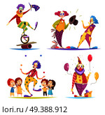 Clowns design concept with performer on unicycle, tricks with hares, juggler, show with balloons isolated vector illustration. Clowns Design Concept. Стоковая иллюстрация, агентство Ingram Publishing / Фотобанк Лори