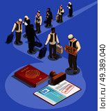 Stateless refugees asylum icons isometric composition with characters of displaced persons and rejected visa in passport vector illustration. Asylum Seekers Queue Composition. Стоковая иллюстрация, агентство Ingram Publishing / Фотобанк Лори