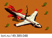 Airplanes helicopters isometric composition with desert landscape and image of fallen passenger aircraft with fire smoke vector illustration. Aircraft Desert Crash Composition. Стоковая иллюстрация, агентство Ingram Publishing / Фотобанк Лори