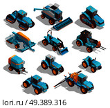 Agricultural machines isometric icons set with tractor and sprayer isolated vector illustration. Agricultural Machines Isometric Icons Set. Стоковая иллюстрация, агентство Ingram Publishing / Фотобанк Лори