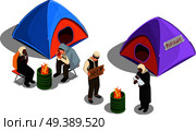 Stateless refugees asylum icons isometric composition with images of tents and group of displaced person characters vector illustration. Refugee Camp Isometric Composition. Стоковая иллюстрация, агентство Ingram Publishing / Фотобанк Лори