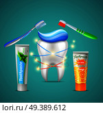 Family dental care realistic composition with shining tooth toothbrushes menthol and orange flavor toothpaste tubes vector illustration . Tooth Dental Care Realistic . Стоковая иллюстрация, агентство Ingram Publishing / Фотобанк Лори