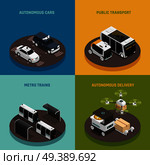 Autonomous vehicles isometric design concept, driverless cars, public transport, metro trains, robotic delivery systems isolated vector illustration. Autonomous Vehicles Isometric Design Concept. Стоковая иллюстрация, агентство Ingram Publishing / Фотобанк Лори