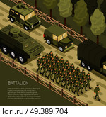 Military vehicles composition with editable text and view army battalion with transport units on country road vector illustration. Isometric Military Campaign Background. Стоковая иллюстрация, агентство Ingram Publishing / Фотобанк Лори