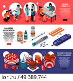 Diabetic tests diagnosis medication diet 3 horizontal isometric web page banners with food to avoid vector illustration . Isometric Diabetes Banners. Стоковая иллюстрация, агентство Ingram Publishing / Фотобанк Лори