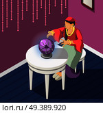 Gypsies isometric background with woman dressed in national costume guessing on magic sphere vector illustration. Gypsies Isometric Magic Background. Стоковая иллюстрация, агентство Ingram Publishing / Фотобанк Лори