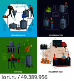 Workers during beer production including brewing process and bottling, product delivery cartoon design concept isolated vector illustration. Beer Production Cartoon Design Concept. Стоковая иллюстрация, агентство Ingram Publishing / Фотобанк Лори