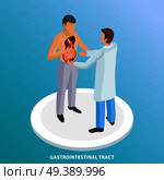 Probiotics isometric background with conceptual view of doctor and patient characters with view of human organs vector illustration. Digestive Tract Test Background. Стоковая иллюстрация, агентство Ingram Publishing / Фотобанк Лори
