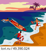 Beach lifeguards isometric poster with team of savers performing rescue operation of drowning man vector illustration . Beach Lifeguards Isometric Poster. Стоковая иллюстрация, агентство Ingram Publishing / Фотобанк Лори