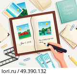 Photo album cartoon vector illustration with human hand holding pencil for writing explanation under photograph in scrapbook page. Photo Album Vector Illustration. Стоковая иллюстрация, агентство Ingram Publishing / Фотобанк Лори
