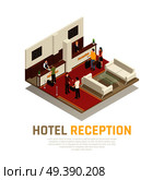 Hotel reception with staff and tourists guest area with white furniture isometric composition vector illustration. Hotel Reception Isometric Composition. Стоковая иллюстрация, агентство Ingram Publishing / Фотобанк Лори