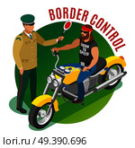 Border control isometric round composition with frontier guard during biker verification on green background vector illustration. Border Control Isometric Composition. Стоковая иллюстрация, агентство Ingram Publishing / Фотобанк Лори