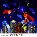 Super heroes during night fight over illuminated sky scrapers isometric composition vector illustration. Super Heroes Isometric Composition. Стоковая иллюстрация, агентство Ingram Publishing / Фотобанк Лори