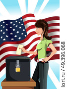 A vector illustration of a woman inserting her votes into the ballot box. Стоковая иллюстрация, агентство Ingram Publishing / Фотобанк Лори