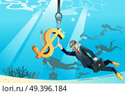 A vector illustration of a business concept of a businessman swimming under the water trying to reach a bait of money. Стоковая иллюстрация, агентство Ingram Publishing / Фотобанк Лори