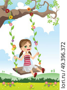 A vector illustration of a cute little girl swinging on a tree. Стоковая иллюстрация, агентство Ingram Publishing / Фотобанк Лори