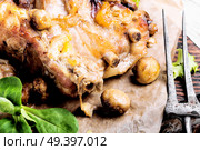 Rural recipe baked meat with mushrooms.Baked pork. Baked meat with forest mushrooms. Стоковое фото, агентство Ingram Publishing / Фотобанк Лори