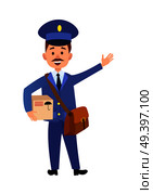 Postman cartoon character in blue uniform delivering parcel flat vector illustration isolated on white background. Mailman with mailbag holding cardboard box. Smiling mustached postal courier icon. Стоковая иллюстрация, агентство Ingram Publishing / Фотобанк Лори
