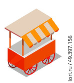 Street cart store isometric icon. Trolley with stall under colorful tent vector isolated on white background. Movable shop on wheels illustration for mobile eatery, fast food cafe, souvenir shop ad. Стоковая иллюстрация, агентство Ingram Publishing / Фотобанк Лори