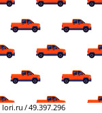 Transport vehicle seamless pattern, isolated orange classical pickup. Ecologically clean car with two doors. Useful and cheap mean of transportation. Four-wheeled automobile in cartoon style vector. Transport Isolated Classic Pickup Seamless Pattern. Стоковая иллюстрация, агентство Ingram Publishing / Фотобанк Лори