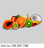 Sliced in half tropical fruits set. Group of juicy fruits, berry and nut realistic vectors isolated on white. Fresh exotic dessert illustration for healthy food and natural nutrition concepts . Стоковая иллюстрация, агентство Ingram Publishing / Фотобанк Лори