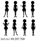 Set of thin women characters silhouettes. Collection of girls standing in different emotive poses with various hand gestures vectors isolated on white background. Female black figures for infographics. Стоковая иллюстрация, агентство Ingram Publishing / Фотобанк Лори