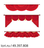 Drape and lambrequins of heavy red fabric vector set isolated on white background. Classic wide curtains in victorian style on cornice illustration for window dressing and interior design concepts. Стоковая иллюстрация, агентство Ingram Publishing / Фотобанк Лори