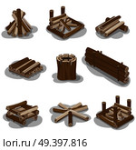 Campfire stump logs collection isolated on white background. Vector poster of wood pieces without fire put in various positions. Touristic burning firewood set in flat design cartoon style. Campfire Stumps Logs Collection Isolated on White. Стоковая иллюстрация, агентство Ingram Publishing / Фотобанк Лори