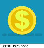Big dollar symbol on gold coin icon on blue background. Piece of money with currency logo of buck in cartoon style. Vector illustration of riches and american gold money web banner flat design.. Big Dollar Symbol on Gold Coin Icon Cartoon Style. Стоковая иллюстрация, агентство Ingram Publishing / Фотобанк Лори
