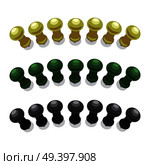 Big pushpins of yellow, green and black colors isolated on white background. Adjustment to fasten paper to wall or point places on world map vector illustration. Small and simple stationary stuff.. Big Pushpins Set of Isolated Illustrations. Стоковая иллюстрация, агентство Ingram Publishing / Фотобанк Лори