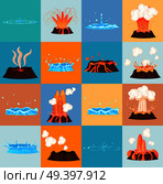 Set of stages of volcano eruption and water discharge by blue geyser. Splash of hot lava, flowing magma, discarded steam under pressure. Powerful aqua fountain from hot spring, vector illustration. Volcano Eruption and Water Discharge by Geyser. Стоковая иллюстрация, агентство Ingram Publishing / Фотобанк Лори