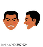 Angry brunet man face icon. Male head in full face and profile view with clenched teeth and frowned eyebrows flat vector isolated on white. Human negative emotions illustration for people infographics. Стоковая иллюстрация, агентство Ingram Publishing / Фотобанк Лори