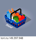 Food in basket from grocery store with loafs of bread, fresh fruits and vegetables and big bottle of water isolated on grey background. Food shopping online at home. E commerce vector illustration.. Food in Basket From Grocery Store Illustration. Стоковая иллюстрация, агентство Ingram Publishing / Фотобанк Лори