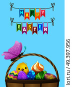 Happy easter flyer. Butterfly seating on handle of wicker basket full of bright painted eggs, cupcake and little chicken vector. Easter festive concept for wrapping paper, greeting card design. Happy Easter Vector Flyer or Concept. Стоковая иллюстрация, агентство Ingram Publishing / Фотобанк Лори