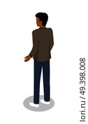 Brunette man in casual clothing standing backwards isometric projection vector isolated on white. Male character figure in jacket and jeans from back view 3d illustration for icons or web design. Стоковая иллюстрация, агентство Ingram Publishing / Фотобанк Лори