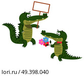Cartoon crocodiles with empty signboard and with bouquet of flowers in tie bow isolated on white background. Cute big reptiles vector illustration. Drawn friendly crocs with eyebrows in flat style. Friendly Cartoon Crocodiles Illustrations Set. Стоковая иллюстрация, агентство Ingram Publishing / Фотобанк Лори