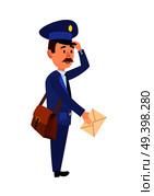 Postman cartoon character in blue uniform delivering letter flat vector illustration isolated on white background. Mailman with mailbag holding paper envelope. Mustached postal courier with mail icon. Стоковая иллюстрация, агентство Ingram Publishing / Фотобанк Лори